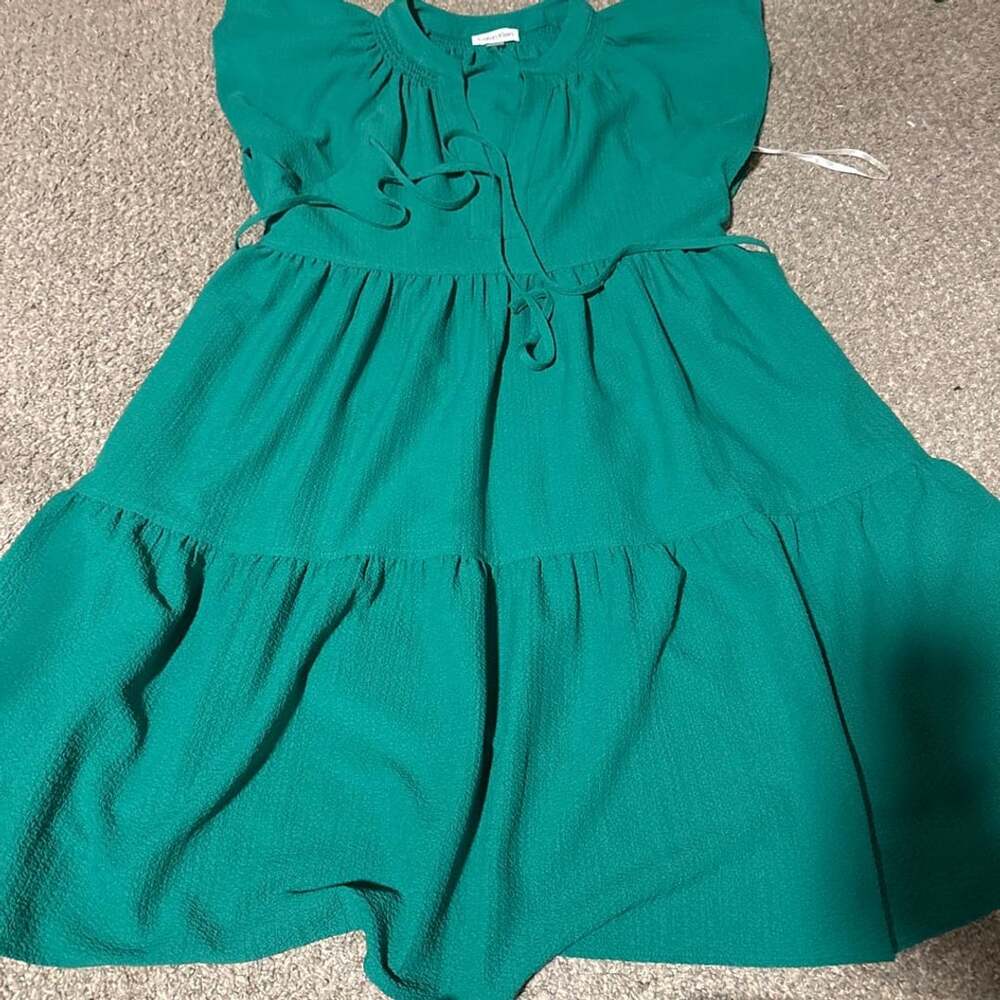 Calvin Klein Tiered Mini Dress Size 4 Green Crinkle